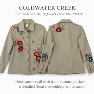 Coldwater Creek Embroidered Utility Jacket Shirt XS Floral Cotton NWOT